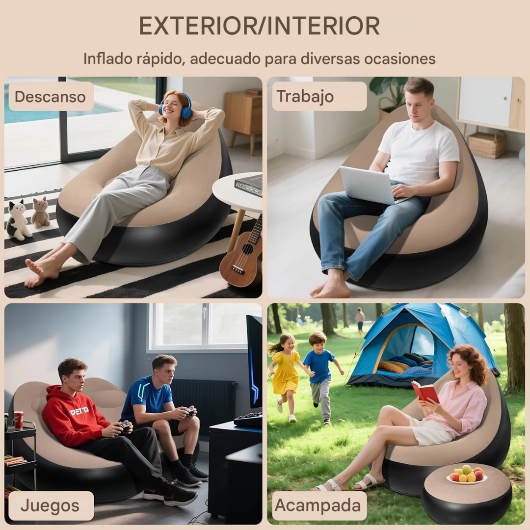 SOFÁ INFLABLE PORTÁTIL CON REPOSAPIÉS – TU MOMENTO DE RELAX, AL INSTANTE