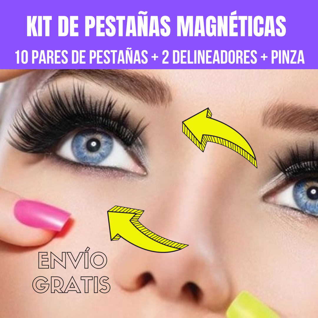 KIT PESTAÑAS MAGNÉTICAS 3D -10 PARES + 2 DELINEADORES + PINZA - 5 IMANES